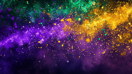 Abstract watercolor splash festive background in vibrant purple, gold, and green tones, artistic design perfect for Mardi Gras carnival celebrations, and copy space for text or design