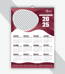 Modern wall calendar 2025 design template, week starts Monday, clean, elegant template schedule planner	