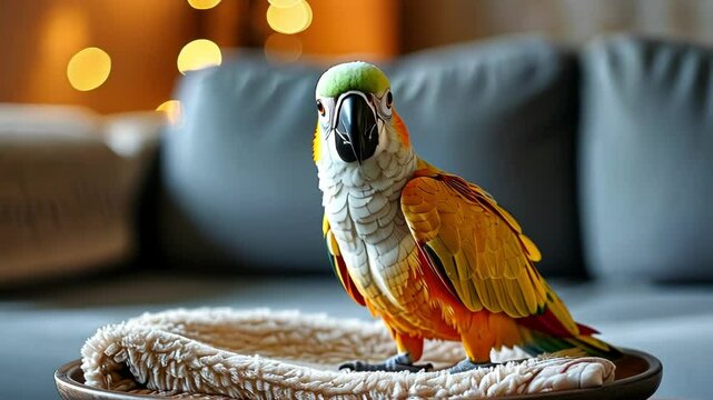 A vibrant parrot perched on a cozy blanket, bringing color indoors