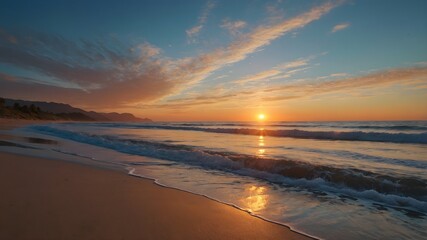Fototapeta premium Serene beach sunset background with gentle waves rolling onto the shore, painting the sand with warm colors and creating a peaceful coastal vista