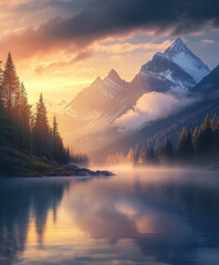 The sun slowly rises over the mountain, casting a warm golden light across the landscape.The river below reflects the soft hues of the morning sky, shimmering with tranquility.  