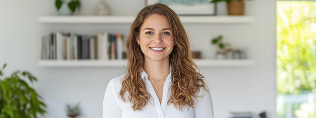A confident woman , smiling warmly as she types on her laptop in a modern office.  