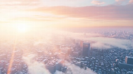Golden Hour Metropolis: A breathtaking aerial view of a bustling city shrouded in a soft, ethereal mist, as the sun bathes the cityscape in warm, golden light.