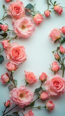 Beautiful pink rose crown with greenery on a white background for decoration and occasions