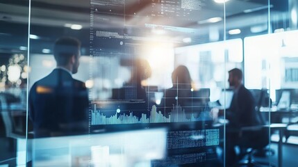 Business team in a sleek office space. Featuring interactive tech and digital boards