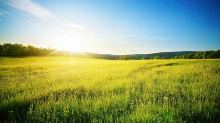 Fototapeta premium Golden Hour Meadow: A serene landscape bathed in the warm glow of the setting sun, showcasing a lush green meadow under a clear blue sky. The horizon is lined with distant trees.