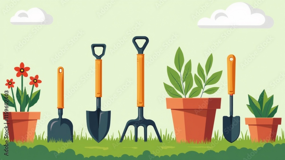 Poster the image shows a group of gardening tools in a garden. there are four pots with different types of 