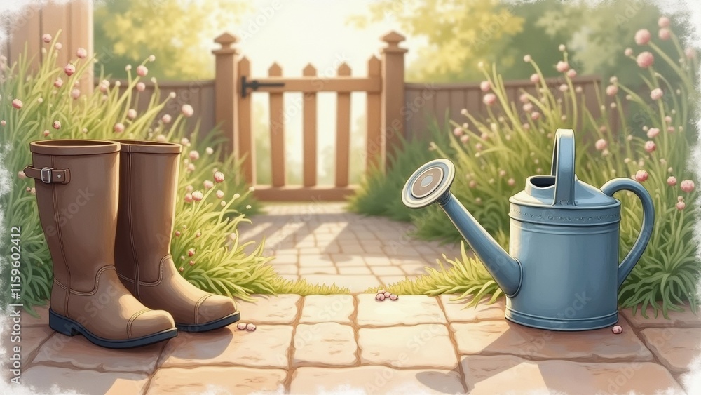 Poster the image shows a garden scene with a pair of brown rain boots on the left side and a blue watering 