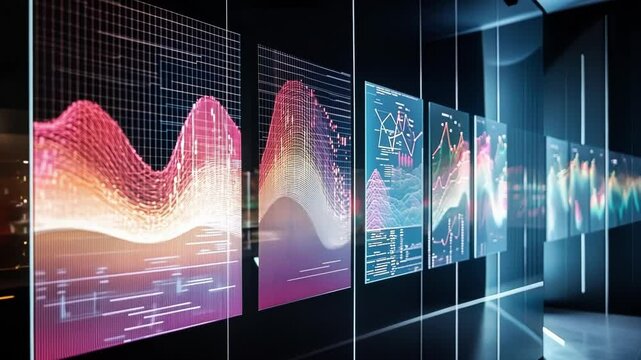 A display showcasing machine learning models represented graphically with statistical plots illustrating normal distributions and outlier detections.