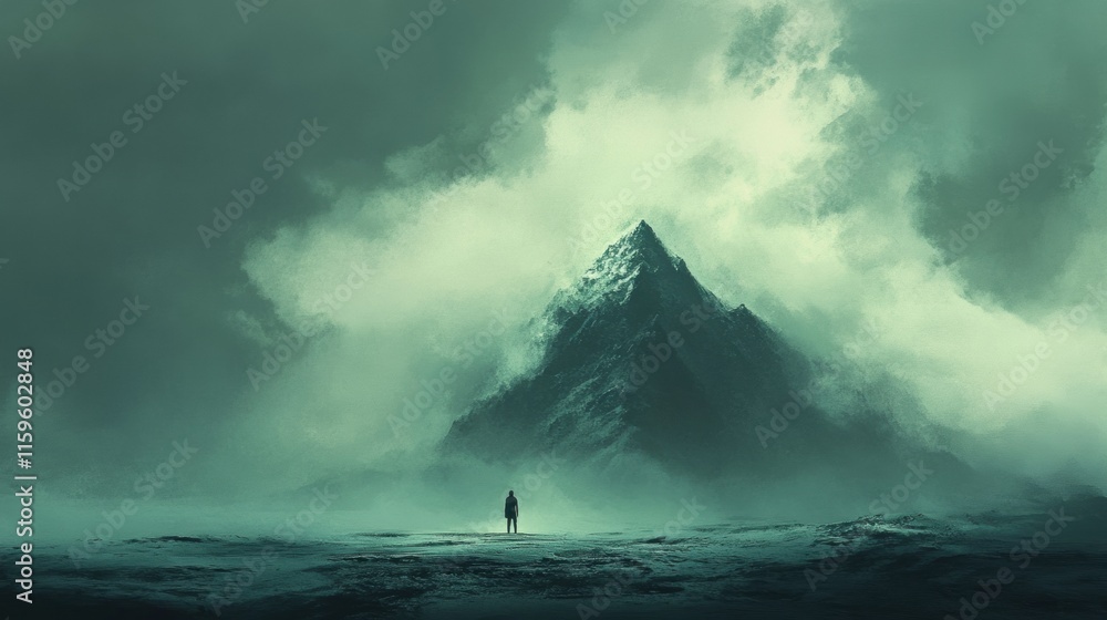 Poster lonely figure at the base of a towering mountain surrounded by mist and clouds. generative ai
