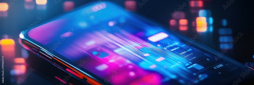 Aufkleber Social media news feed displayed on a smartphone screen with vibrant digital graphics in a modern setting at night. Generative AI