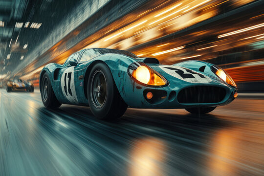 Fototapeta A vintage racing car speeds through a rain-soaked track at night, headlights illuminating the wet asphalt.
