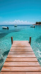Fototapeta premium Wooden pier extends into the Baltic Sea, offering a serene view of clear blue water. Highlights coastal tranquility and scenic beauty.