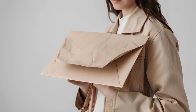 Woman holding kraft paper envelope on white background, closeup