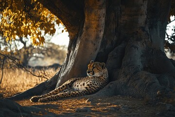 Cheetah resting under baobab tree serene and natural setting