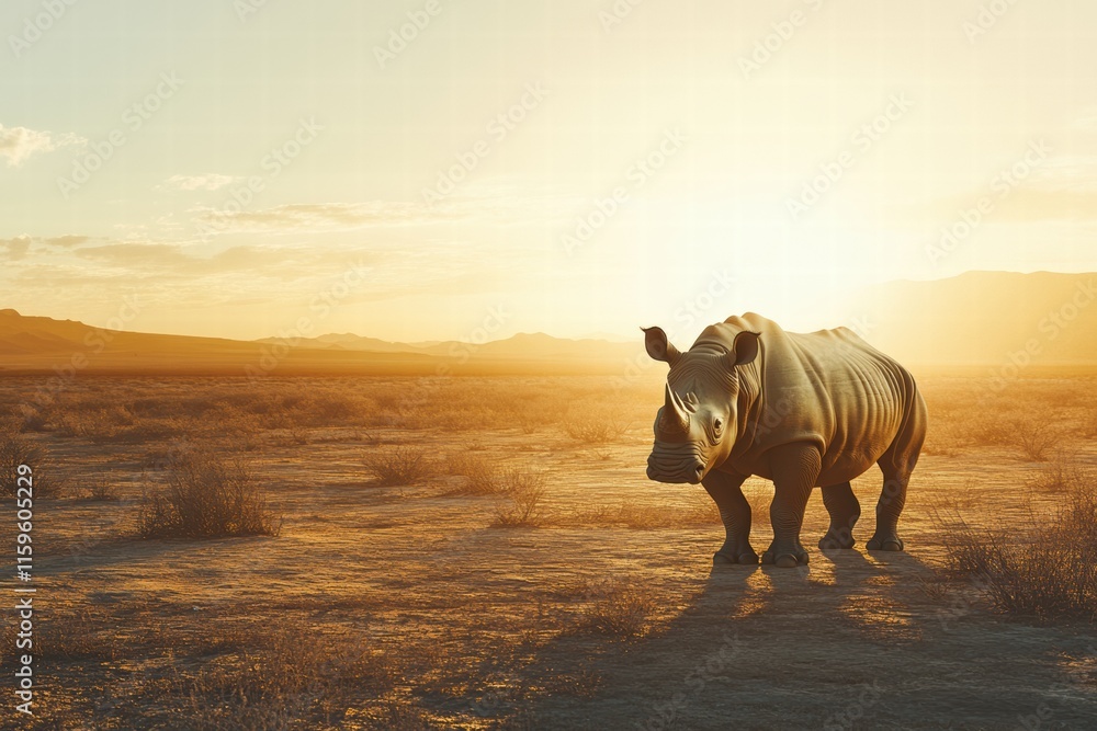 Poster rhino standing gracefully in the barren savanna at sunset with ample space for overlay text. generat