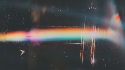Light leaks rainbow overlay. Damaged grain screen gradient background. Glitch noise on black scratched texture with dust. Grunge abstract dusty scanned old film texture picture.