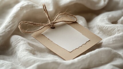 Blank kraft paper tag with twine bow on white fabric.