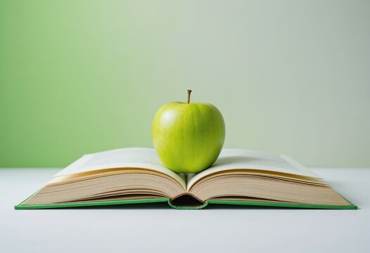 A green apple rests on an open book against a soft green background Knowledge and healthy choices National Library Day illustration