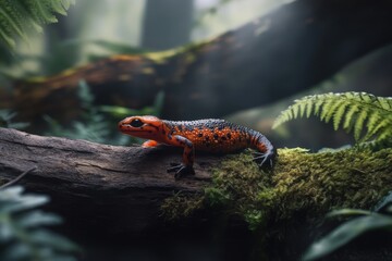 Obraz premium Vibrant red fire salamander perched on mossy log in sunlight