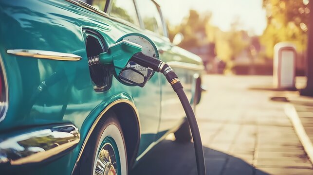 A classic vintage car in emerald green, retro fuel nozzle connected, sunny afternoon light casting gentle shadows, nostalgic and vibrant mood - Powered by Adobe
