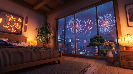 Fototapeta premium Celebrating chinese new year cozy bedroom decorated with festive lights and fireworks view in a modern apartment