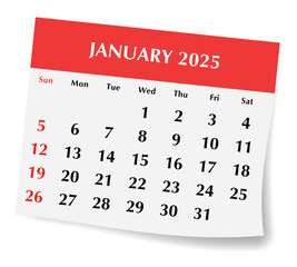 2025 January English calendar. Vector illustration of monthly paper page with shadow. Design with Sunday start