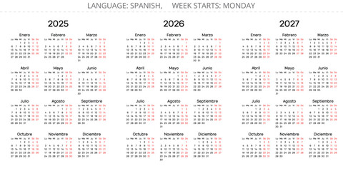 2025, 2026, 2027 spanish annual year calendars. Simple vector illustration set for Spain