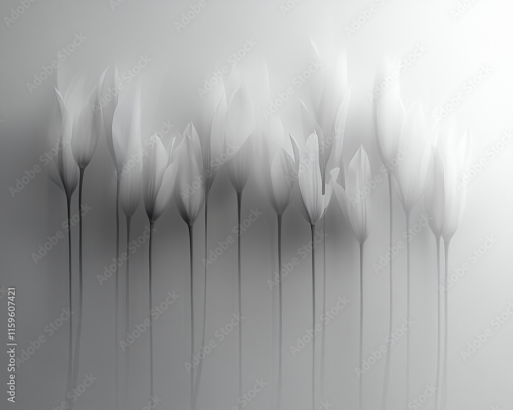 Poster ethereal white tulips in monochrome minimalist design with soft gradient background