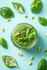 Obraz premium Fresh pesto sauce with basil leaves and pine nuts in a glass jar on turquoise background
