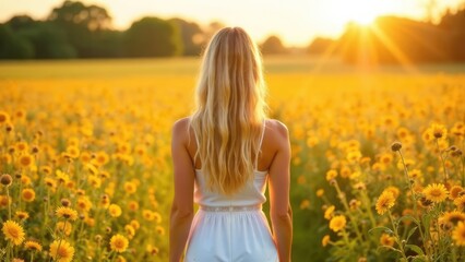 Fototapeta premium A woman with long blonde hair stands with her back to the camera, facing a field of yellow flowers at sunset. Concept of golden hour serenity.