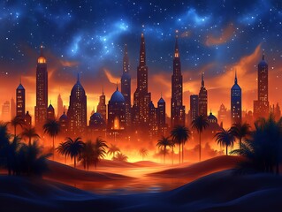 Naklejka premium Desert Metropolis Sunset Cityscape Under Starry Night