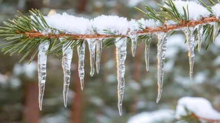 Naklejka premium Snow-covered pine branch with icicles hanging, cold winter background, generative ai