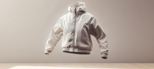 White hooded jacket floating on minimalist background