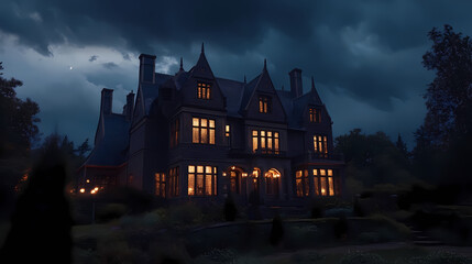 Gothic mansion at dusk under stormy skies, lit windows suggest mystery or elegance, ideal for spooky themes. Twilighted. Illustration