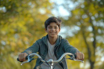 Obraz premium A beautiful 14 year old Indian teenage boy rides a bicycle in the park during the day. Leisure, cycling. Advertising banner.