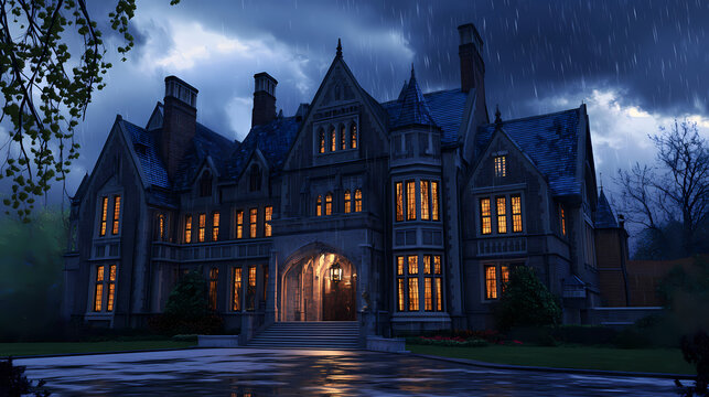 Gothic mansion at dusk under stormy skies, lit windows suggest mystery or elegance, ideal for spooky themes. Twilighted. Illustration