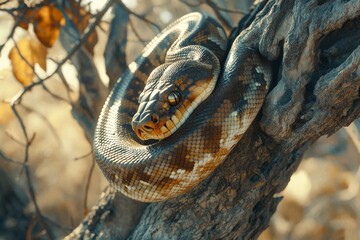Fototapeta premium Detailed closeup of Burmese python in natural surroundings