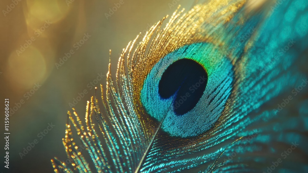 Fototapete Close up of an intricate peacock feather showcasing vibrant colors and textures with a mock up space for text. Generative AI