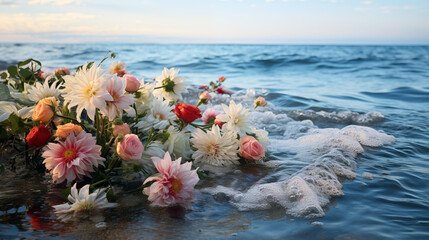 Bouquet of flowers is floating in the ocean