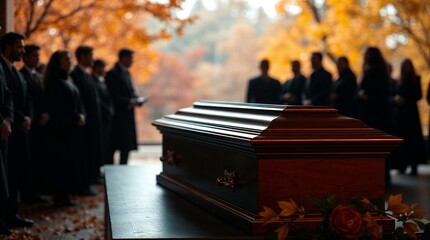 Wooden Coffin At Funeral Ceremony Outdoors