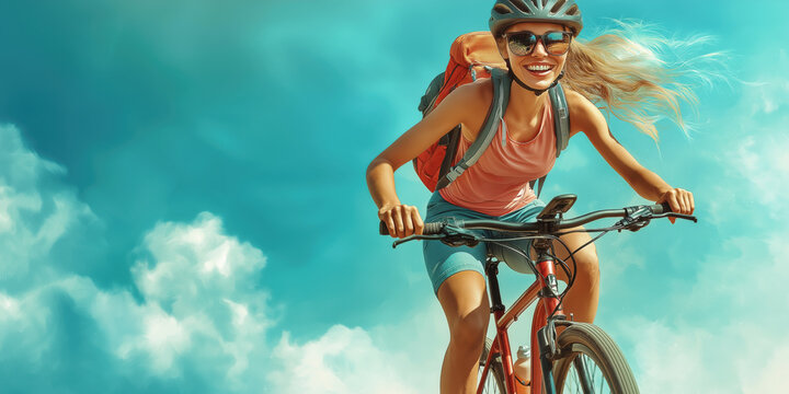 A cheerful, beautiful blonde girl close-up rides a bicycle in the park during a summer day. Leisure, cycling. Advertising banner.