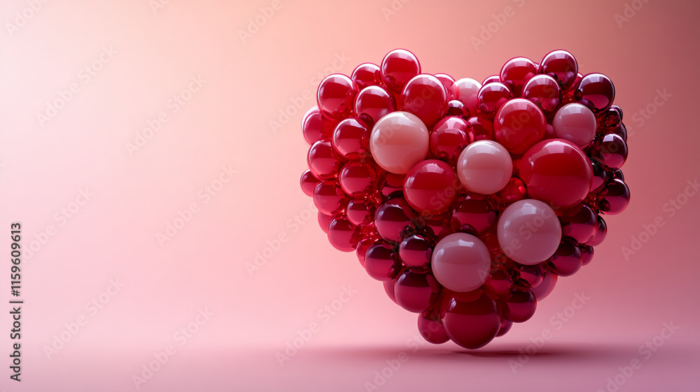 Aufkleber heart-shaped balloon cluster with glossy red spheres on a pink background. valentine's day backgroun