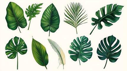 Green Leaf Collection: Artistic Watercolor and Detailed Digital Illustrations Featuring Clovers, Tropical Leaves, Falling Foliage, and Textured Dry Leaves - Perfect for Nature-Themed Designs and Decor