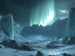 Alien Ice Planet Underneath a Teal Aurora