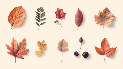 Obraz premium Green Leaf Collection: Artistic Watercolor and Detailed Digital Illustrations Featuring Clovers, Tropical Leaves, Falling Foliage, and Textured Dry Leaves - Perfect for Nature-Themed Designs and Decor