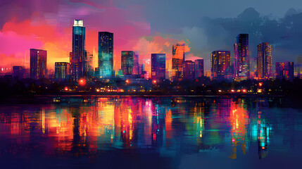 Fototapeta premium Austin skyline at dusk with colorful lights reflecting on the water, austin, texas, skyline, evening, dusk, lights. Twilighted. Illustration