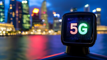 A high-tech wearable device with the 5G logo on its screen, soft focus on a smart city skyline in the background, bright and clear lighting, innovative and connected vibe