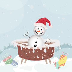 Winter scene.Funny snowman in the  bathtube.Vector deign.Winter Cute vector illustration in flat style with snowman and gifts.