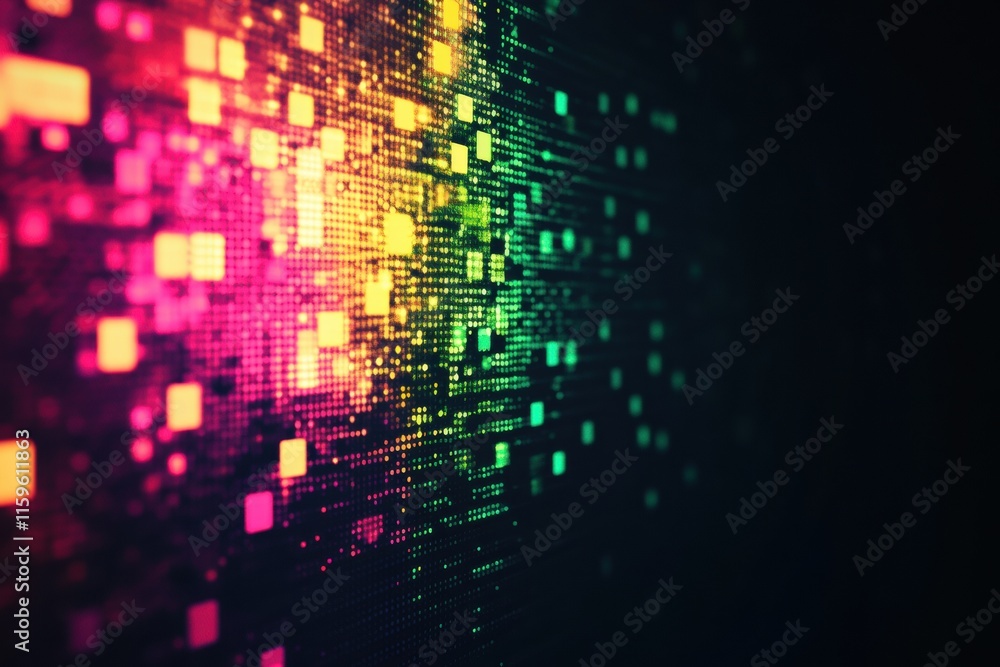 Fototapete glowing mosaic of pixelated elements creates a vibrant abstract display in bright neon colors. gener